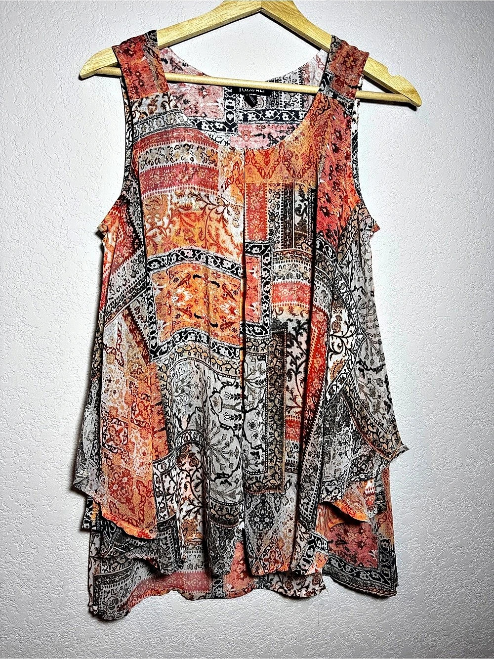 Roz & Ali blouse Sleeveless Paisley Swing Top Tunic Orange & Black Small